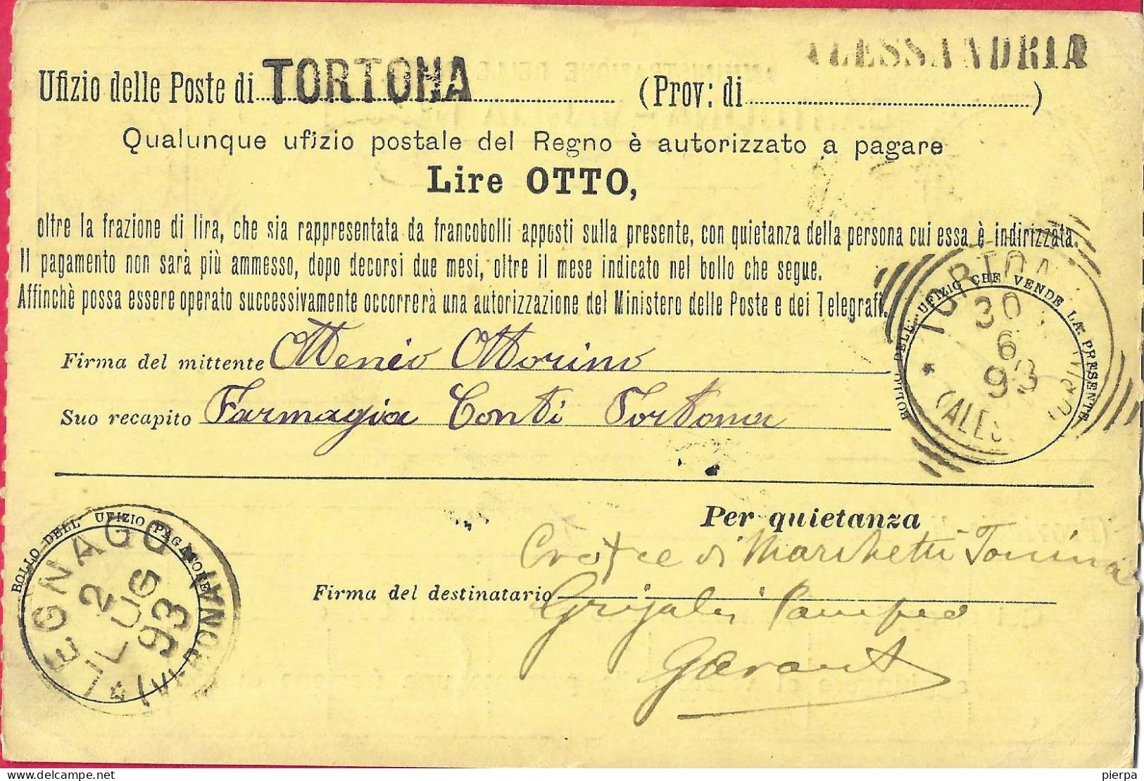 INTERO CARTOLINA-VAGLIA UMBERTO C.15 DA LIRE 8 (CAT. INT. 12) -VIAGGIATA DA TORTONA*30.6.93* PER LEGNAGO - ANNULLO T. R. - Postwaardestukken