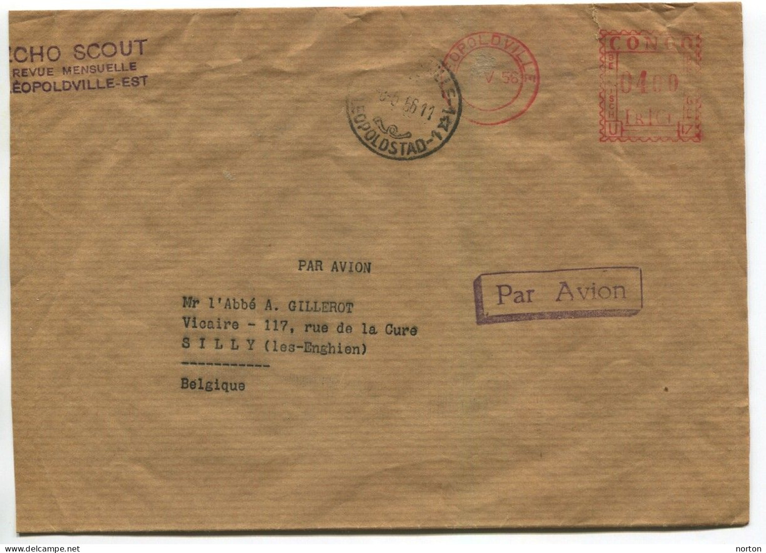 Congo Léopoldville 1 Oblit. Keach 12B(G)1 Sur Bande Journal (Echo Scout) Vers Silly Le 08/05/1956 - Brieven En Documenten