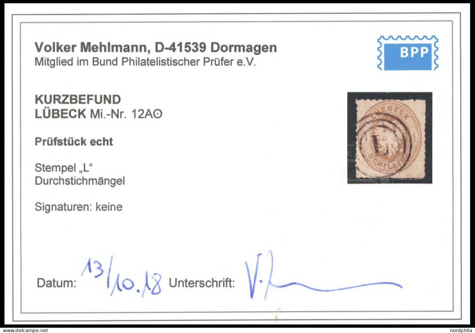 LÜBECK 12 O, 1863, 4 S. Mittelolivbraun, Dreiringstempel L, Leichte Durchstichmängel Sonst Pracht, Fotobefund Mehlmann - Lubeck
