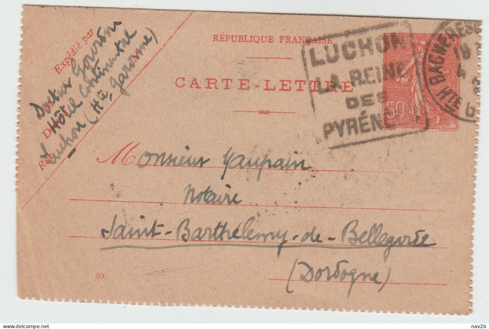 Carte Lettre Semeuse 50cts .  Oblitération Daguin Luchon . Cachet Arrivée De St Barthelemy De Bellegarde . 1929 - Cartes-lettres