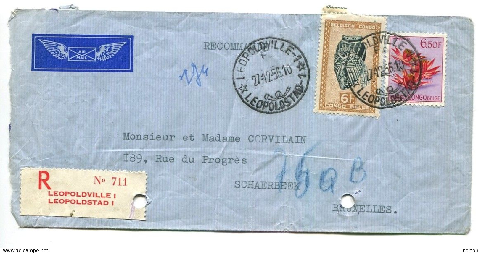 Congo Léopoldville 1 Oblit. Keach 12B(F)1 Sur C.O.B. 291 + 317 Sur Lettre Recommandée Vers Schaerbeek Le 27/12/1956 - Briefe U. Dokumente