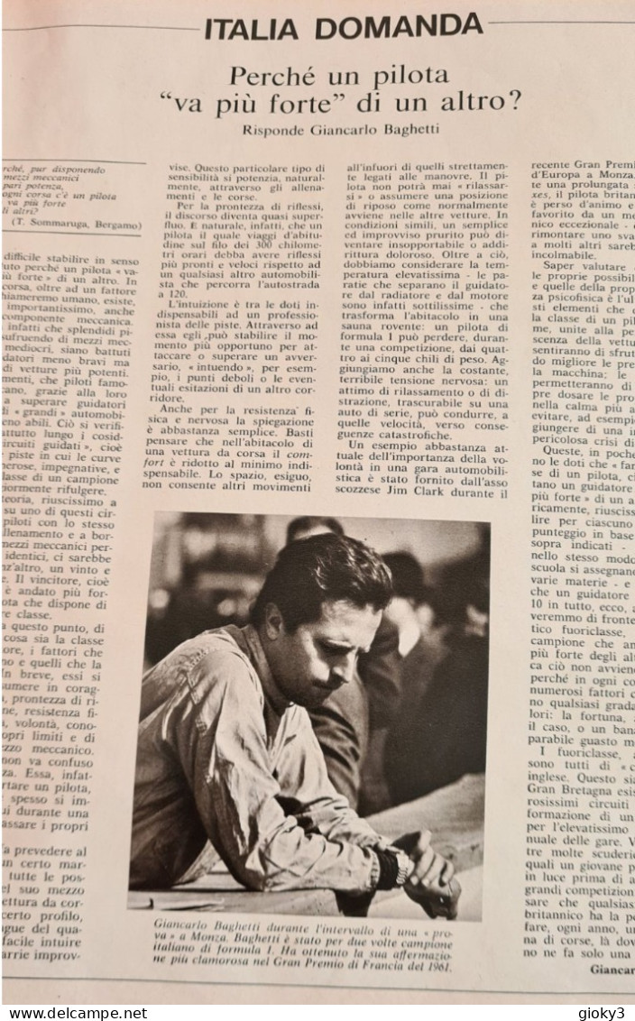 ARTICOLO CON FOTO SUL CORRIDORE GIANCARLO BAGHETTI FORMULA 1 - 1967 - Sports
