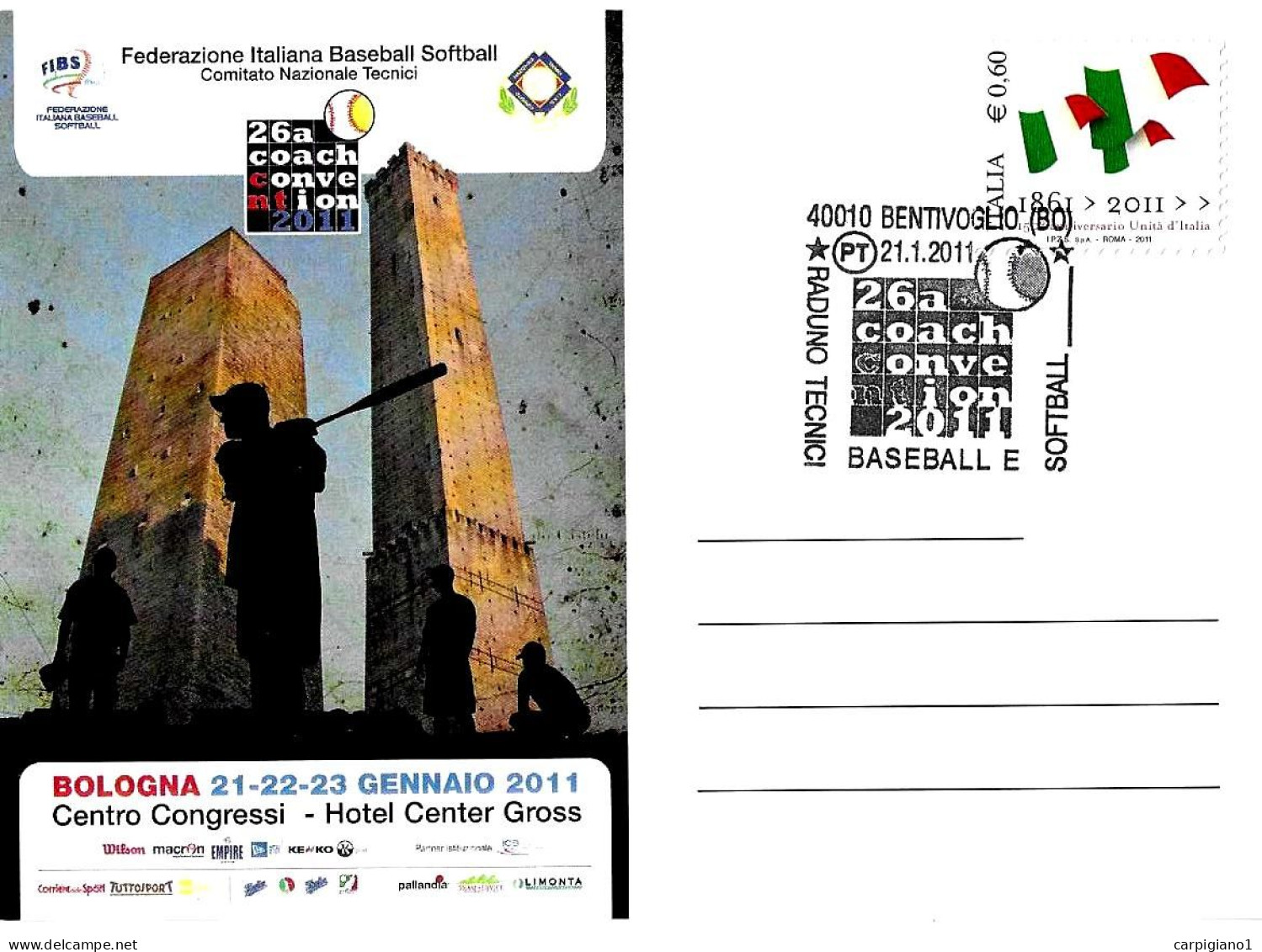 ITALIA ITALY - 2011 BENTIVOGLIO (BO) 26^coach Convention Raduno Tecnici BASEBALL E SOFTBALL Su Cartolina Fibs - 7229 - 2011-20: Storia Postale
