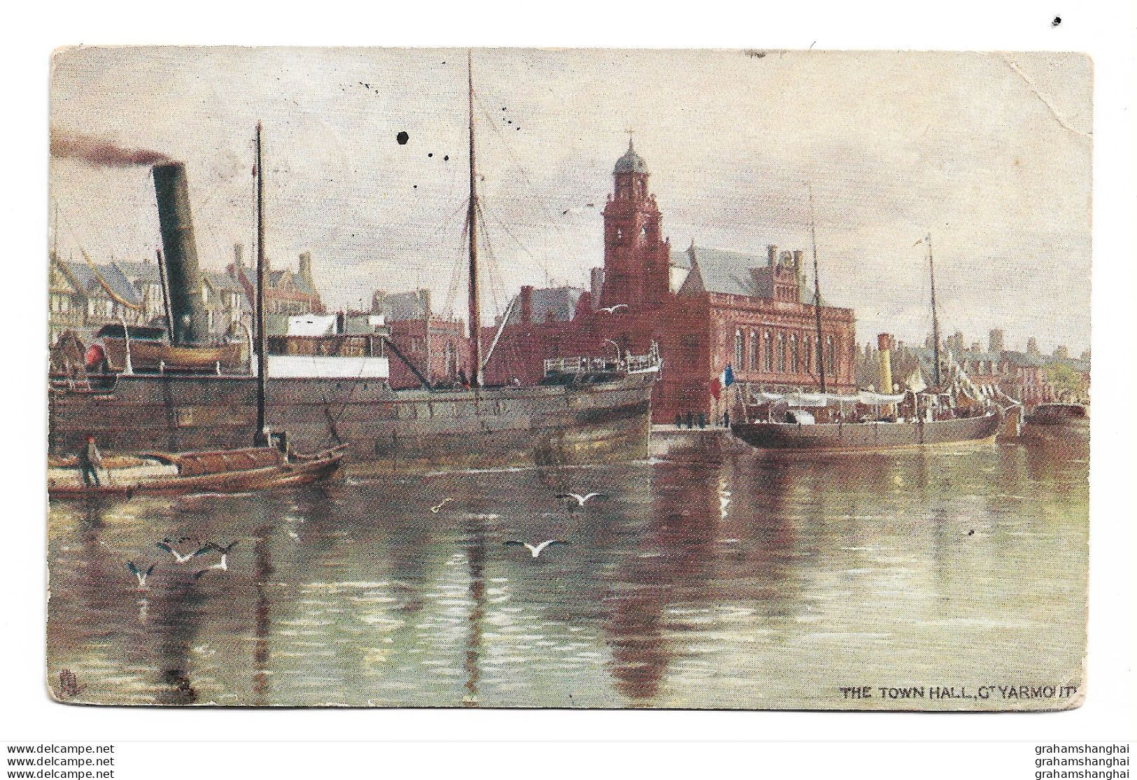 Postcard UK England Norfolk Great Yarmouth The Town Hall Harbour Boats Steamers Tucks Oilette 7143 Posted 1905 - Great Yarmouth