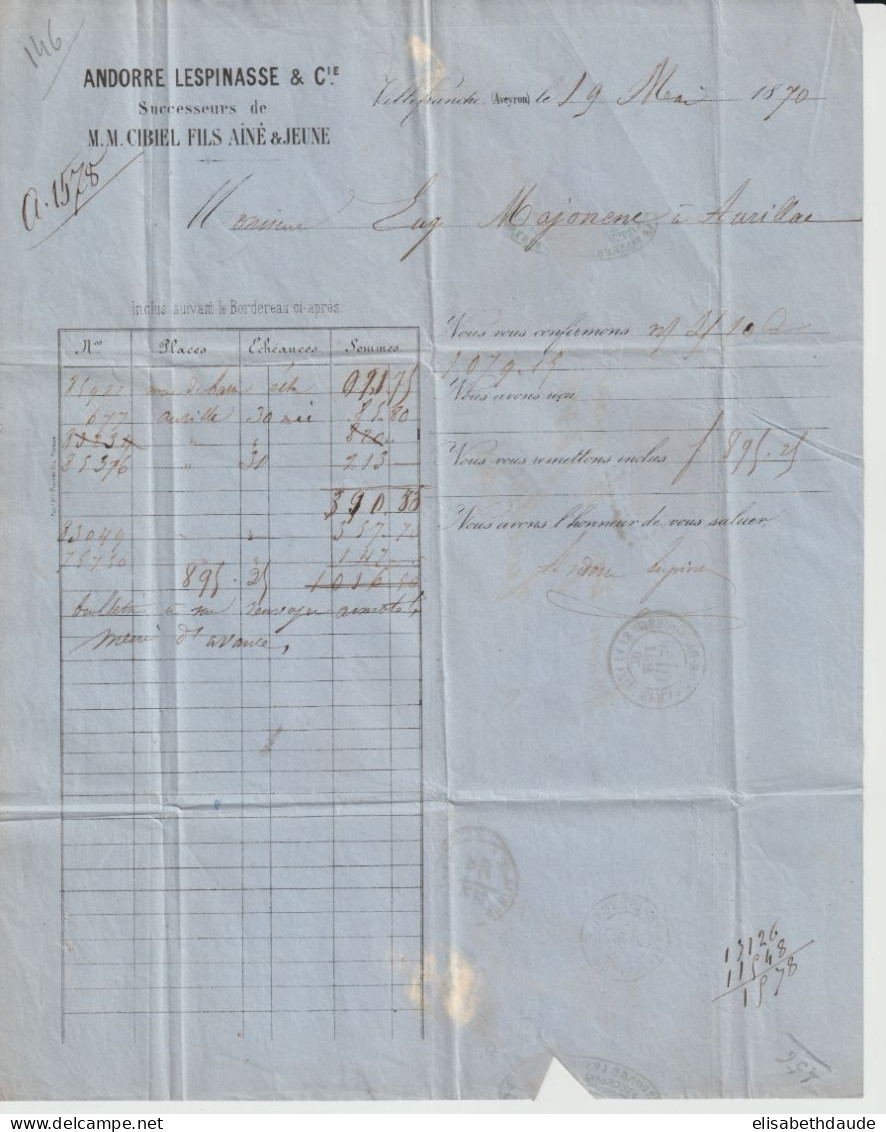 1870 - EMPIRE LAURE - 40c SEUL Sur LETTRE 2° ECH. De VILLEFRANCHE DE ROUERGUE (AVEYRON) => AURILLAC - 1863-1870 Napoleone III Con Gli Allori