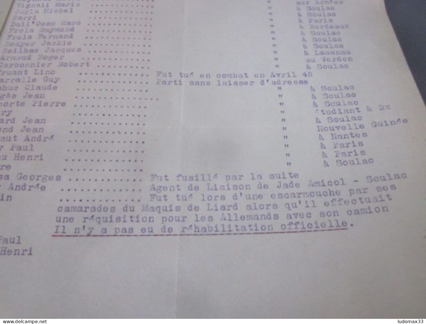 Liste Du Groupe De Maquisards Granchamp - Documents