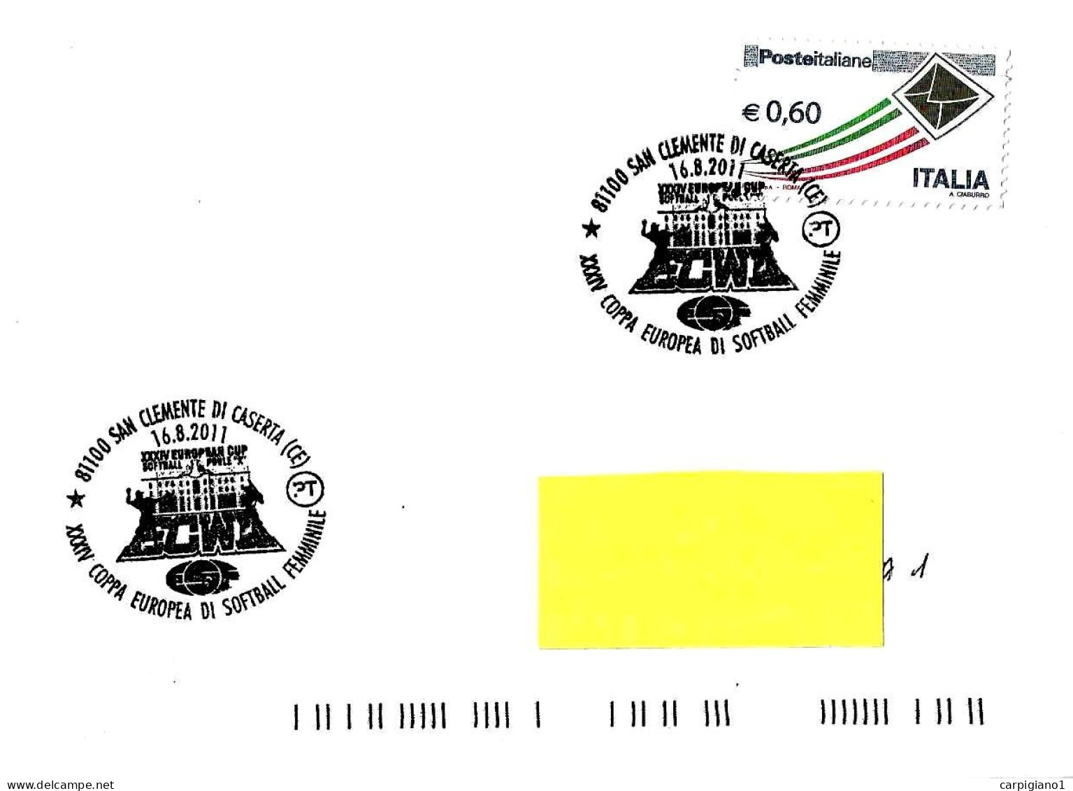 ITALIA ITALY - 2011 SAN CLEMENTE DI CASERTA (CE) XXXIV Coppa Europa SOFTBALL Femminile Su Busta Viaggiata - 9476 - 2011-20: Cartas & Documentos