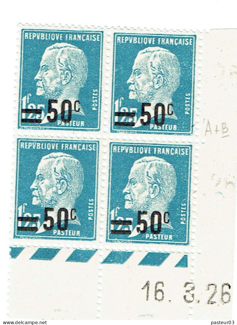 222 Pasteur 50 C. Sur 1,25 F. Bleu Coin Daté 1926-03-16 Cylindre B Charnière - 1922-26 Pasteur