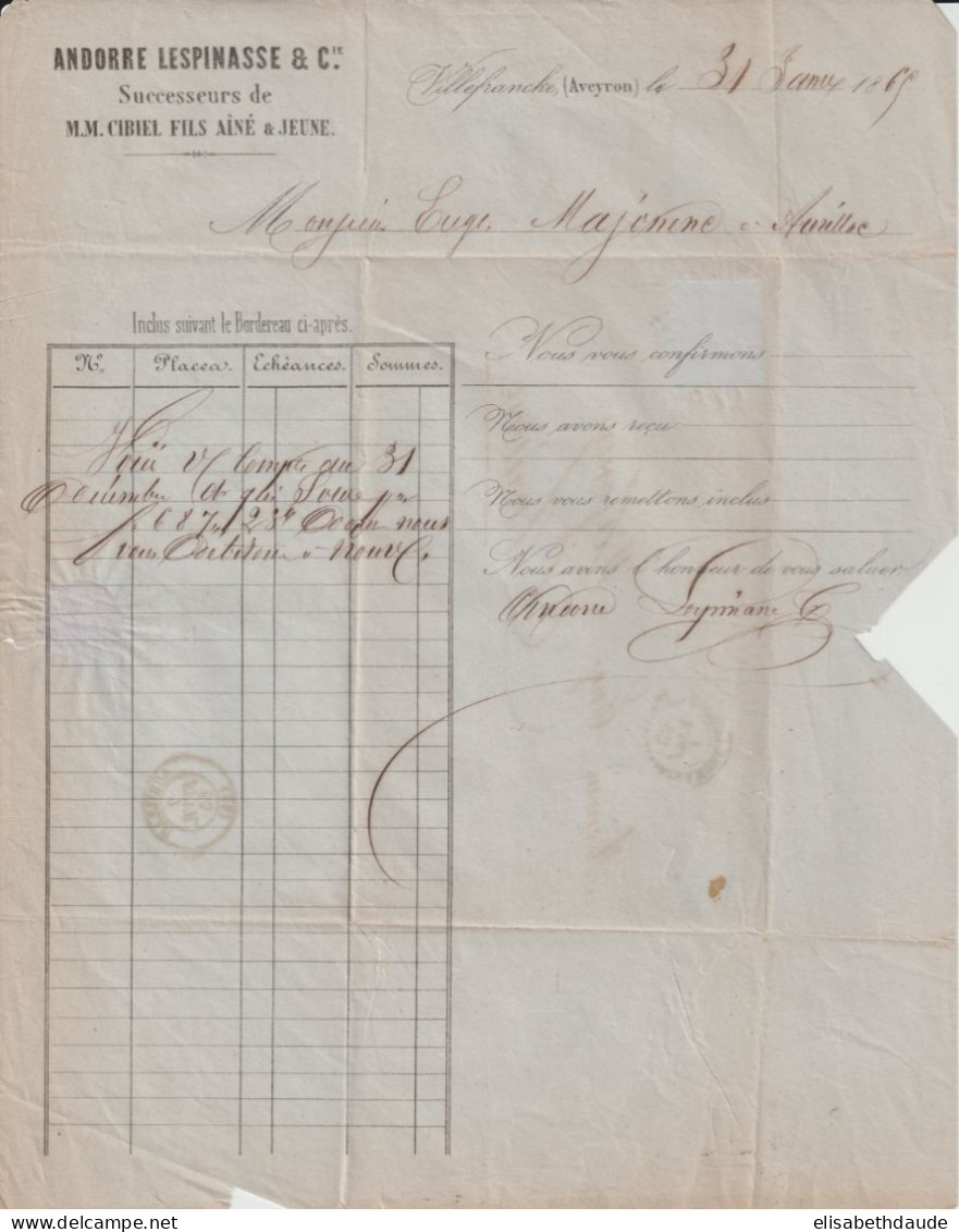 1865 - EMPIRE  - 40c SEUL Sur LETTRE 2° ECH. De VILLEFRANCHE DE ROUERGUE (AVEYRON) => AURILLAC - 1862 Napoleon III