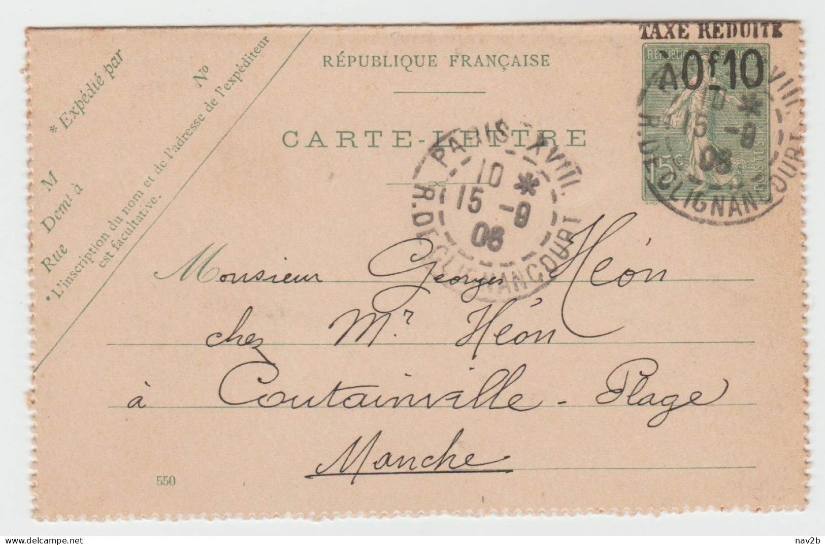 Carte Lettre Semeuse 15 Cts . Taxe Réduite ,date 550 Pour Containville Plage. Arrivée Mal Frappé - Kaartbrieven