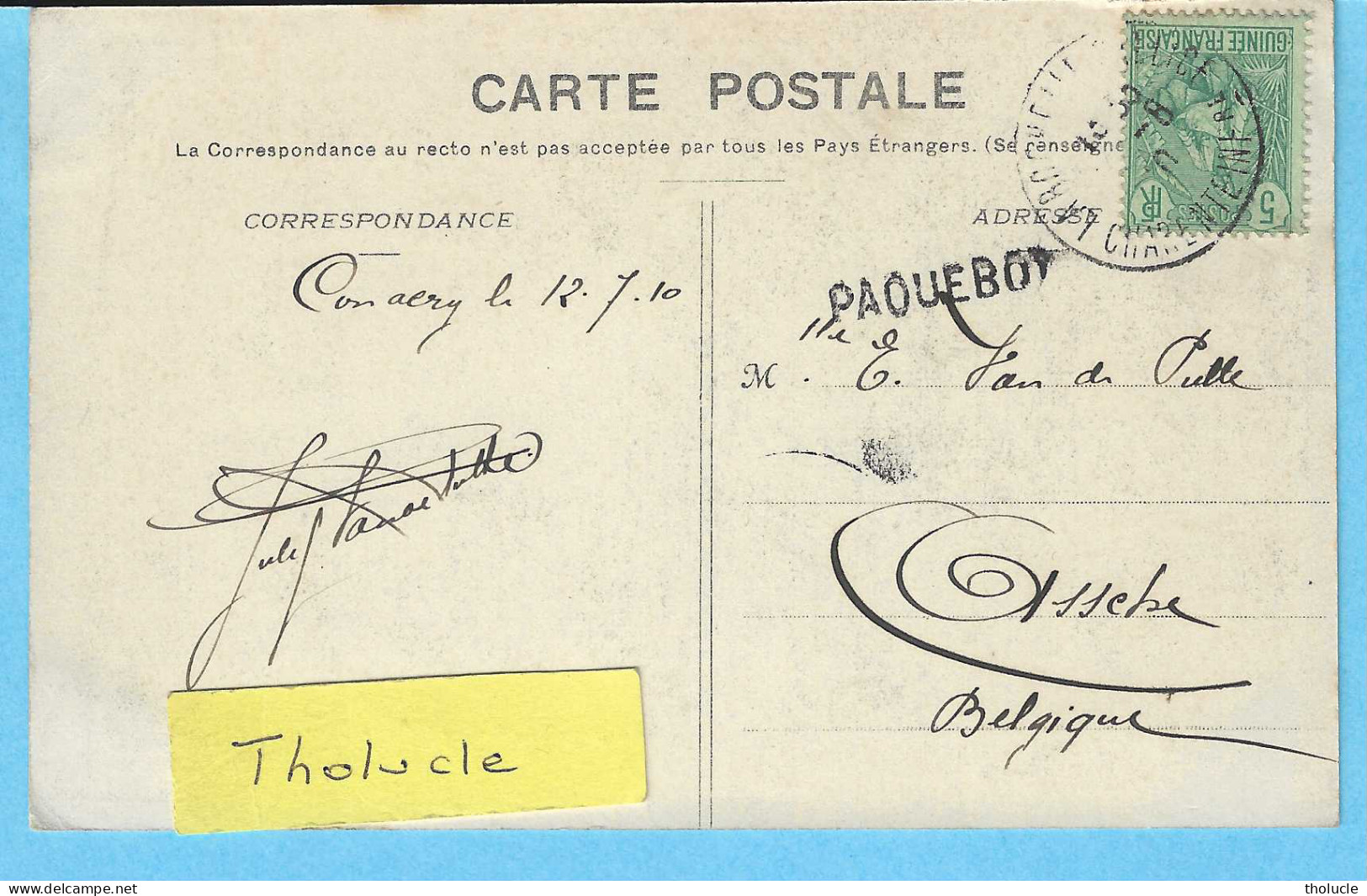 Afrique Occidentale-Guinée-1910-Phare De Boulbiné Et Iles De Los -Timbre"Guinée Française-5c Berger" + Cachet "Paquebot" - Guinée Française