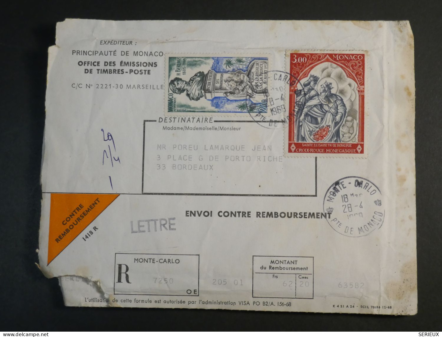 DL21 MONACO  BELLE  LETTRE RR OFF. POSTES   1969 AVEC DOCU. PHILATELIE - Covers & Documents