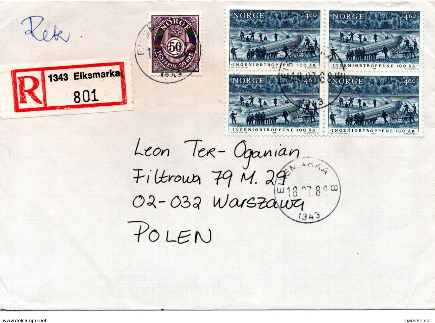 76576 - Norwegen - 1988 - 4,60Kr 100 Jahre Pioniertruppe 田 MiF A R-Bf EIKSMARKA -> WARSZAWA (Polen) - Lettres & Documents