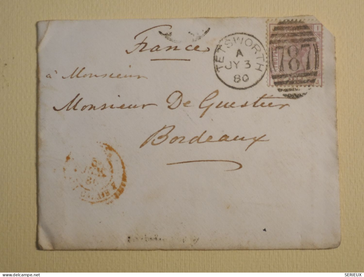 DL21 GREAT BRITAIN BELLE  LETTRE  1880 TETHWORTH A BORDEAUX FRANCE++ AFF. INTERESSANT+ - Briefe U. Dokumente