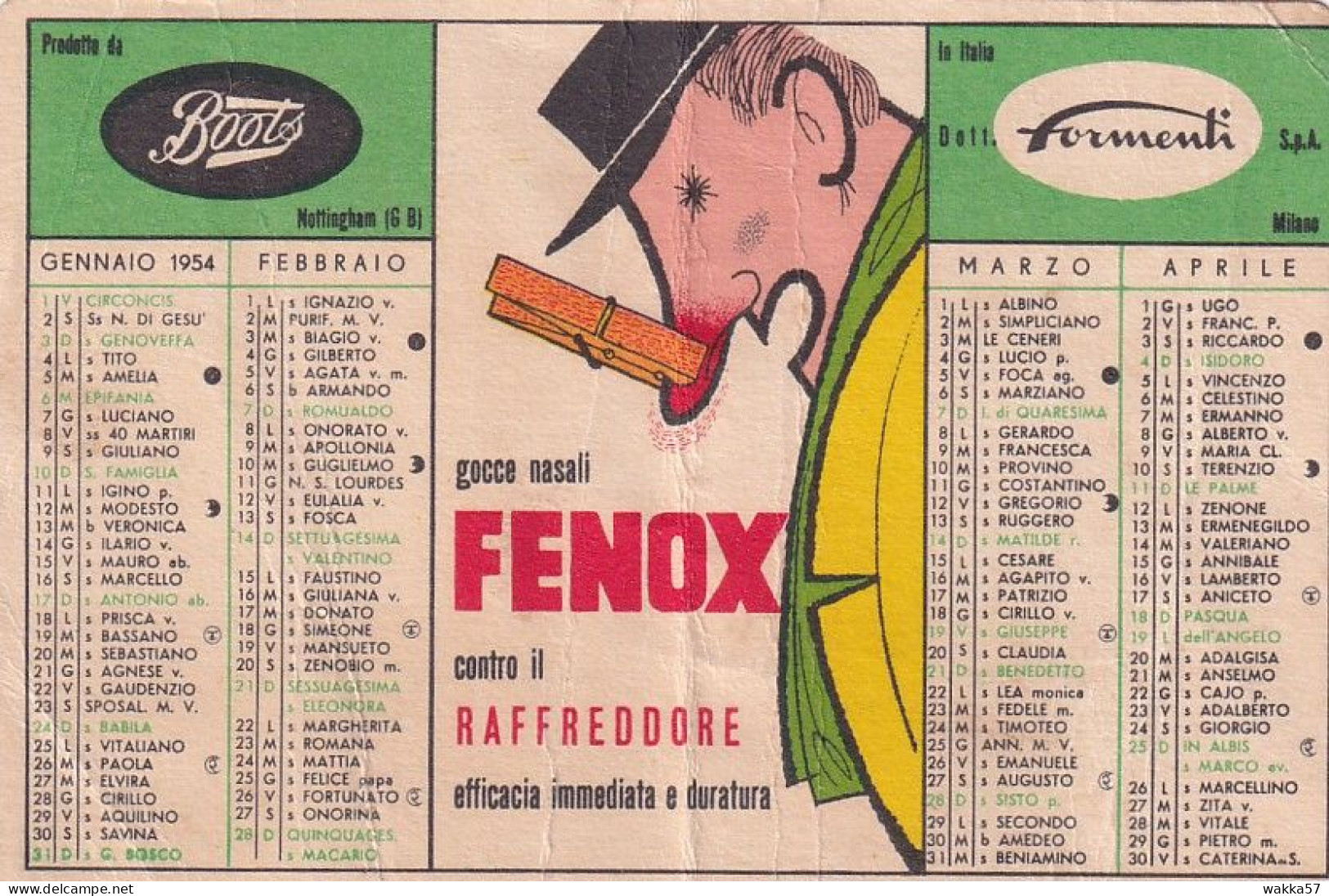 XK 655 Calendarietto Tascabile In Cartoncino FENOX 1954 - Pieghe - Klein Formaat: 1941-60