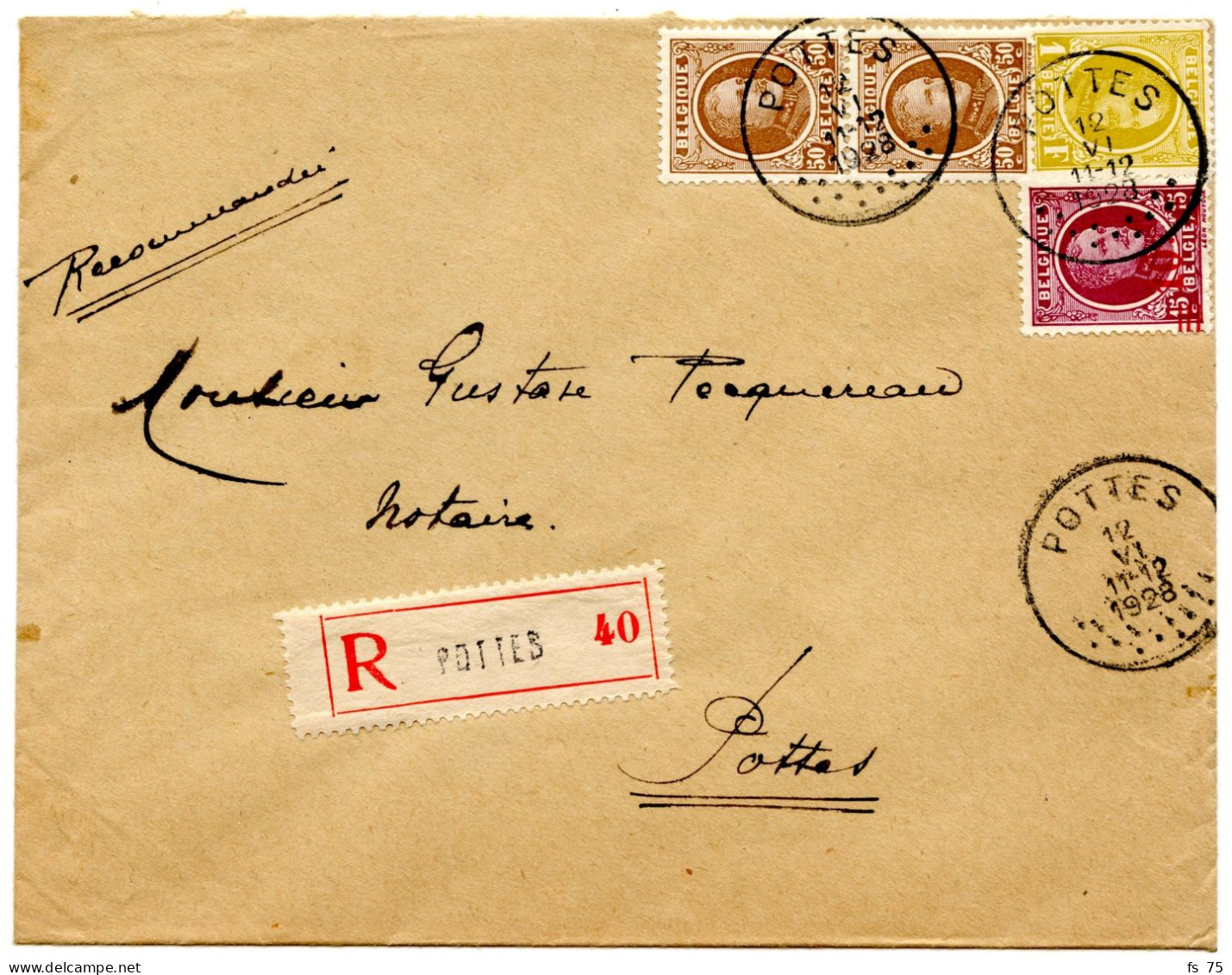 BELGIQUE - COB 203X2+205+208 SIMPLE CERCLE POTTES SUR LETTRE RECOMMANDEE, 1928 - Briefe U. Dokumente