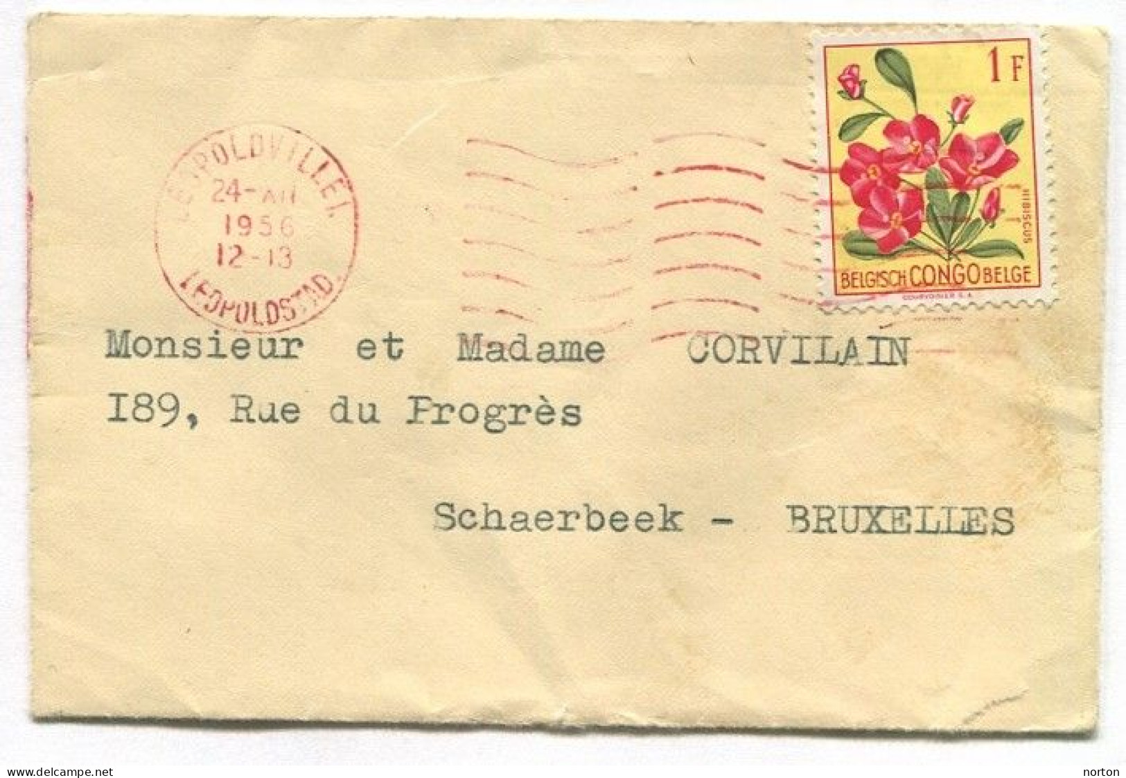 Congo Léopoldville 1 Oblit. Keach MC1-DmY Sur C.O.B. 310 Sur Lettre Vers Schaerbeek Le 24/12/1956 - Briefe U. Dokumente