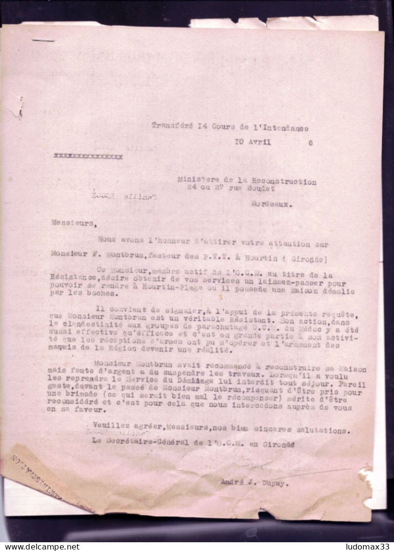 2 Documents D'un Resistant De Hourtin Dont La Maison A Ete Detruite Par Les Boches - Documents