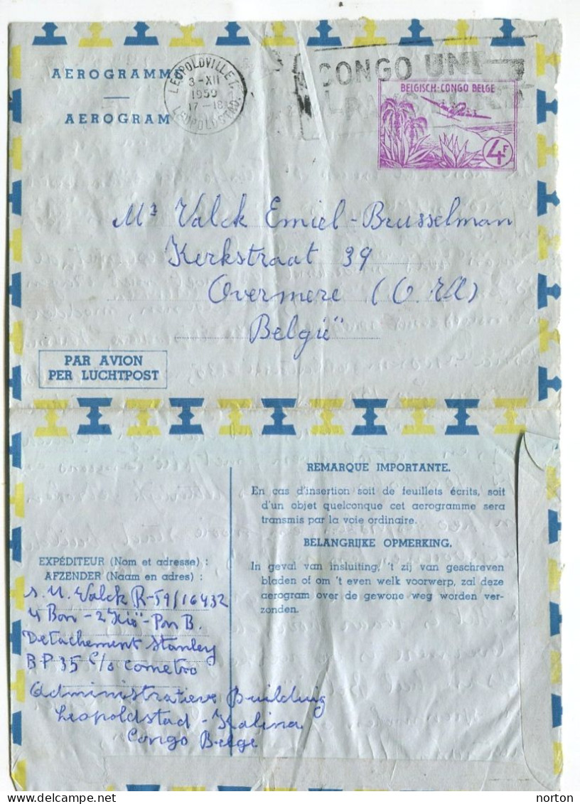 Congo Léopoldville 1 Oblit. Keach MC1-DmY Sur Aérogramme Vers Overmere Le 03/12/1959 - Briefe U. Dokumente