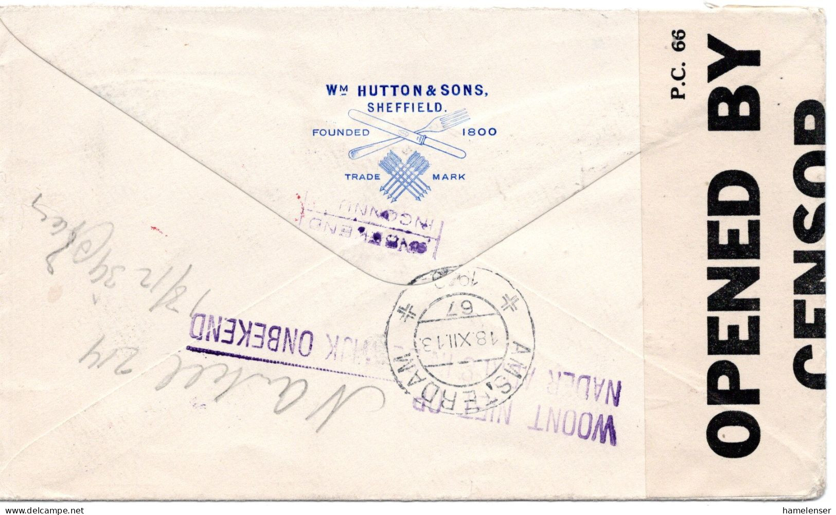 76579 - Grossbritannien - 1939 - Bf (Mke Abgefallen) M Brit Zensur SHEFFIELD -> AMSTERDAM (Niederlande), Zurueck An Abs - Cartas & Documentos