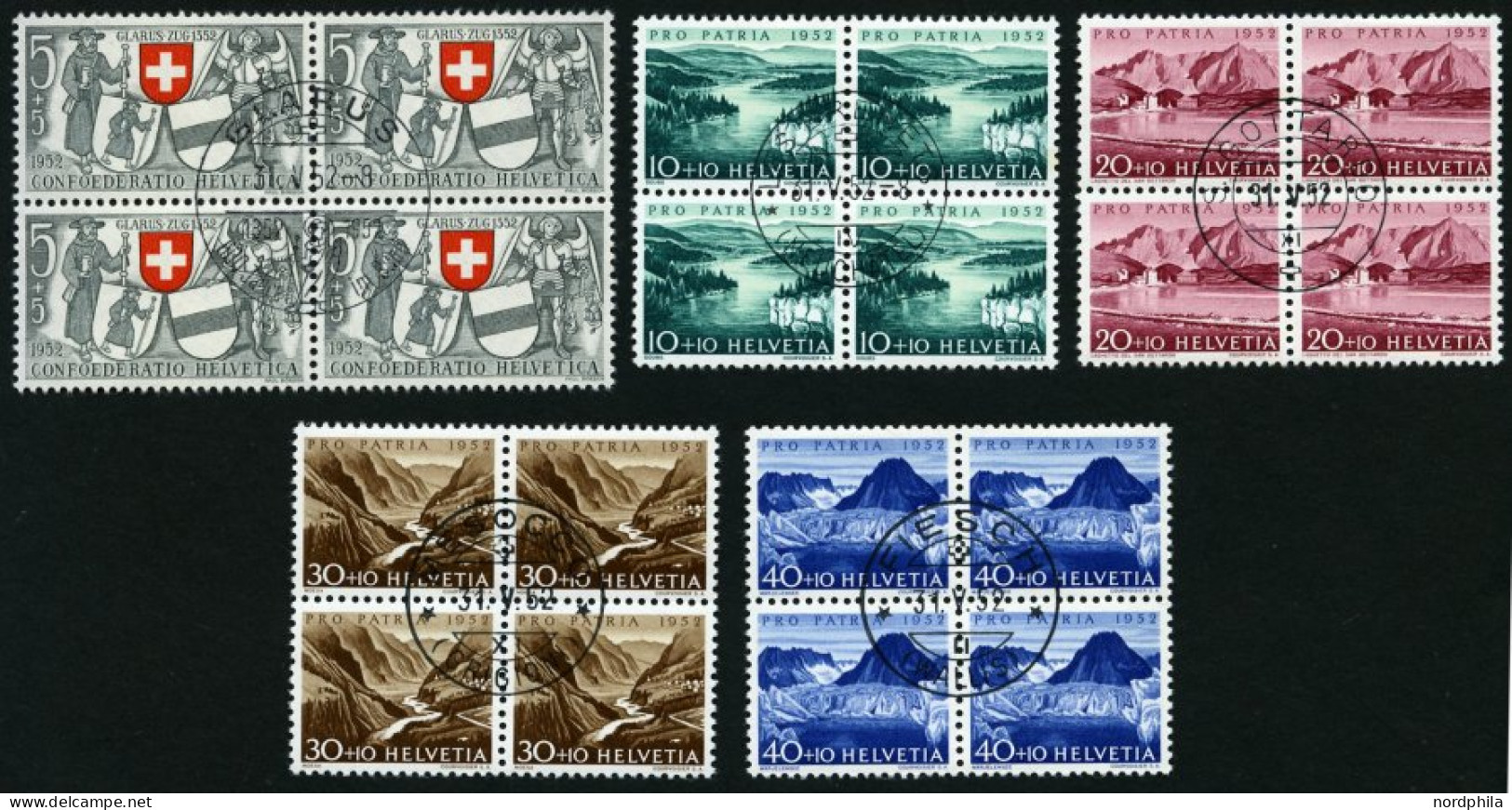SCHWEIZ BUNDESPOST 570-74  VB O, 1952, Pro Patria In Viererblocks Mit Zentrischen Ersttagsstempeln, Prachtsatz - Used Stamps