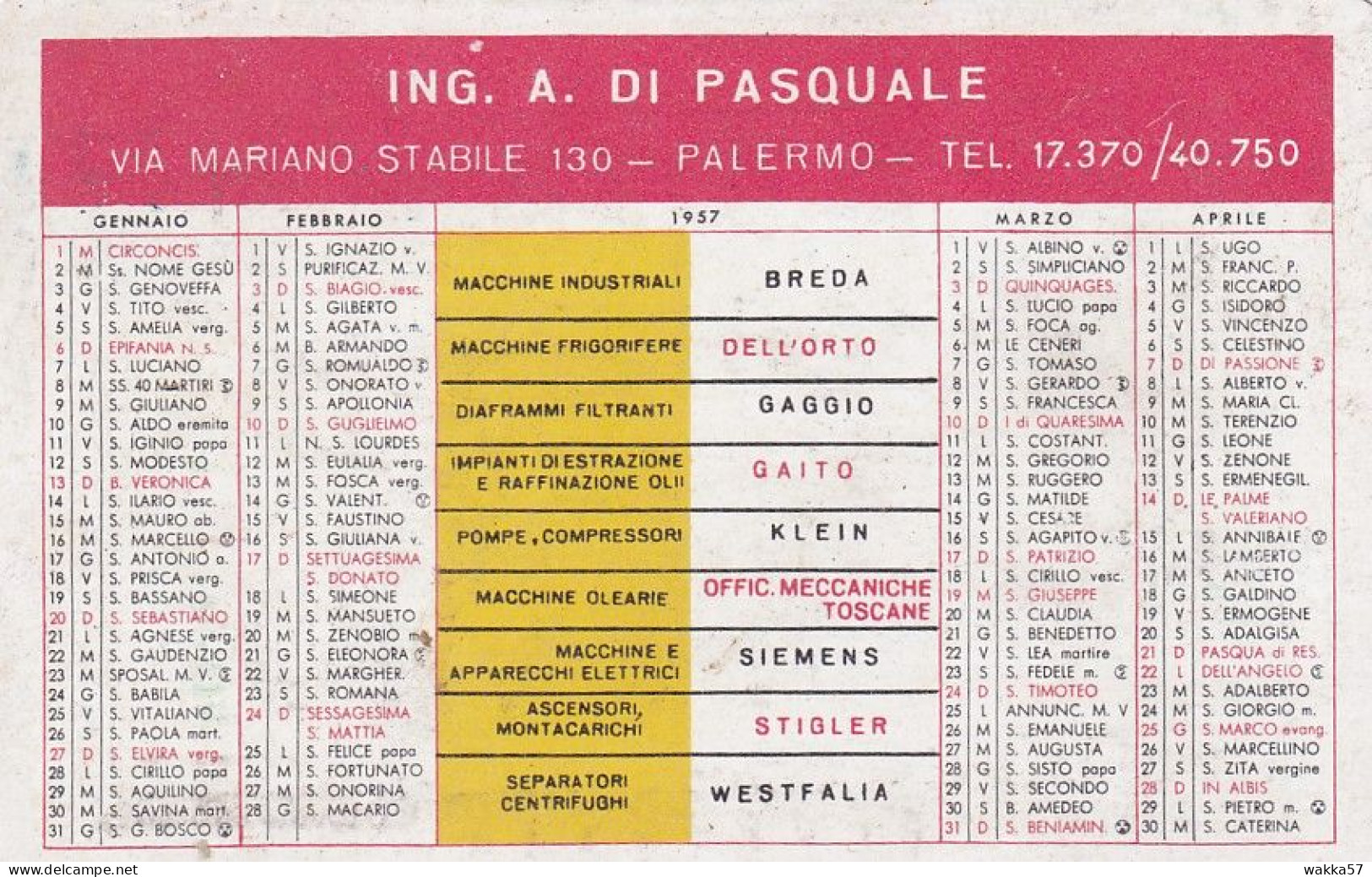 XK 660 Calendarietto Tascabile  Macchine Industriali Ing, Di Pasquale Palermo 1957 - Small : 1941-60