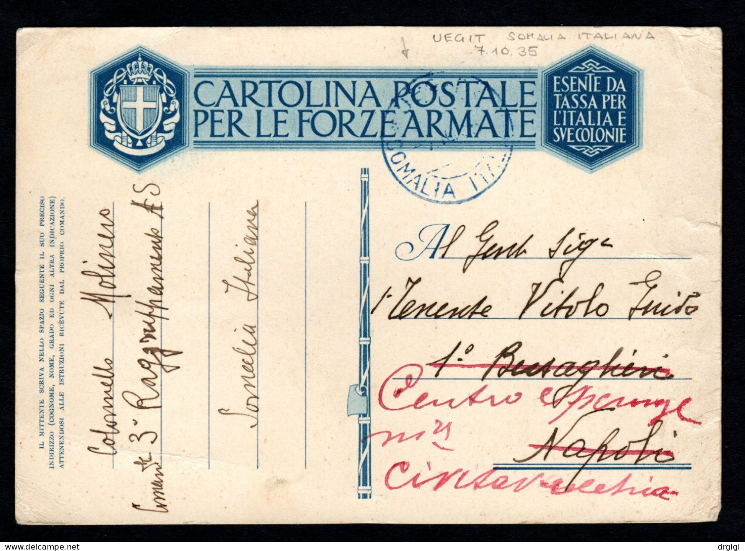 SOMALIA, I.P. CARTOLINA FRANCHIGIA MILITARE, F32, 1935 UEGIT NAPOLI MOLTO RARO - Somalië