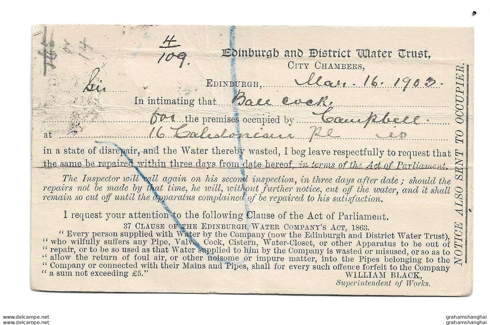 Postcard UK Scotland Edinburgh & District Water Trust Commercial Card About Water Repair 1903 Social History Ephemera - Midlothian/ Edinburgh