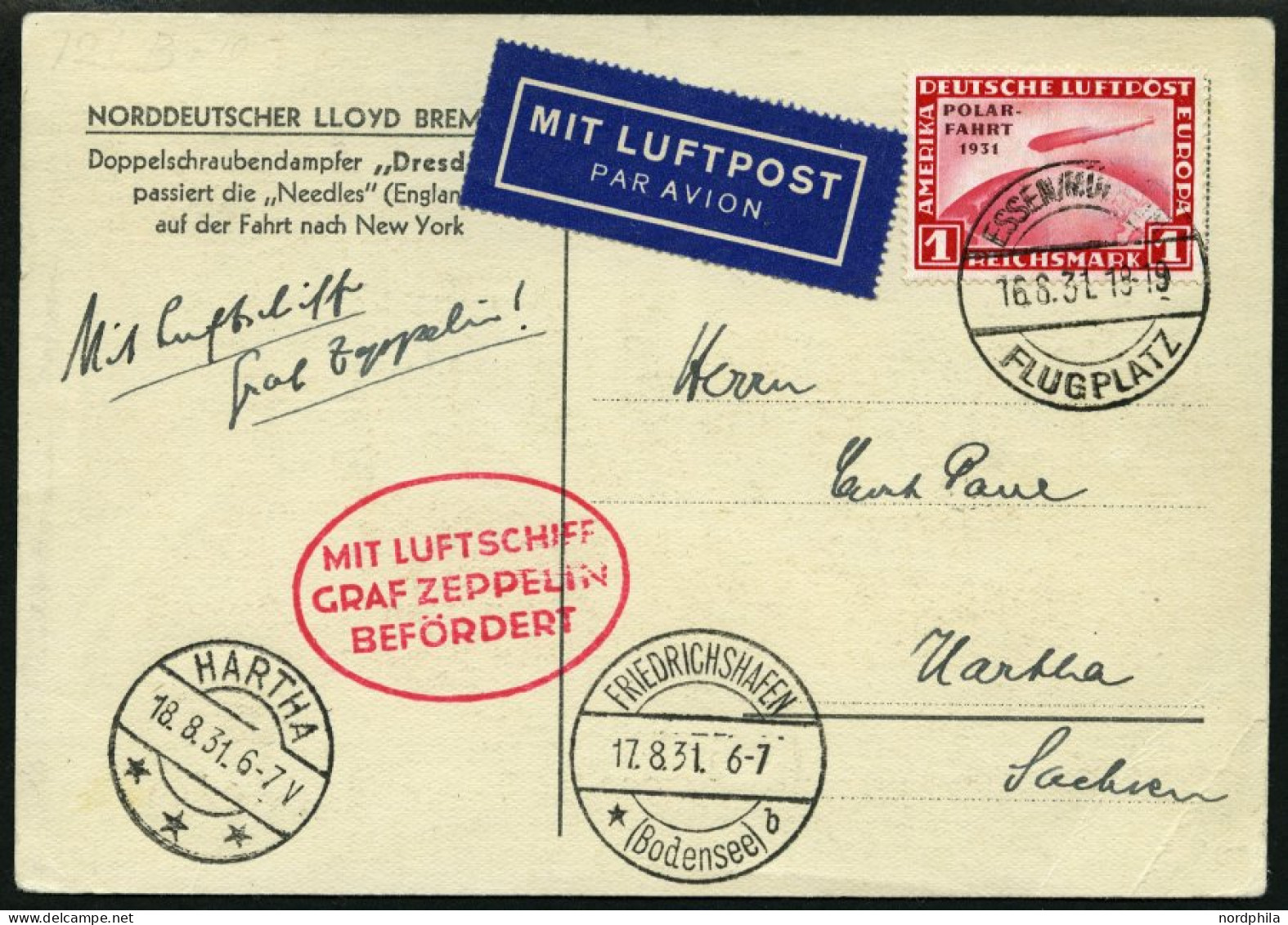 ZEPPELINPOST 121G BRIEF, 1931, Fahrt Essen-Friedrichshafen, Frankiert Mit 1 RM Polarfahrt, Karte Eckbug, Marke Pracht - Zeppelines