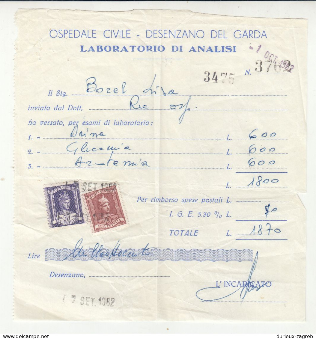 Italy Revenues On Ospedale Civile Desenzanod Del Garda Laboratorio Receipt B240401 - Revenue Stamps
