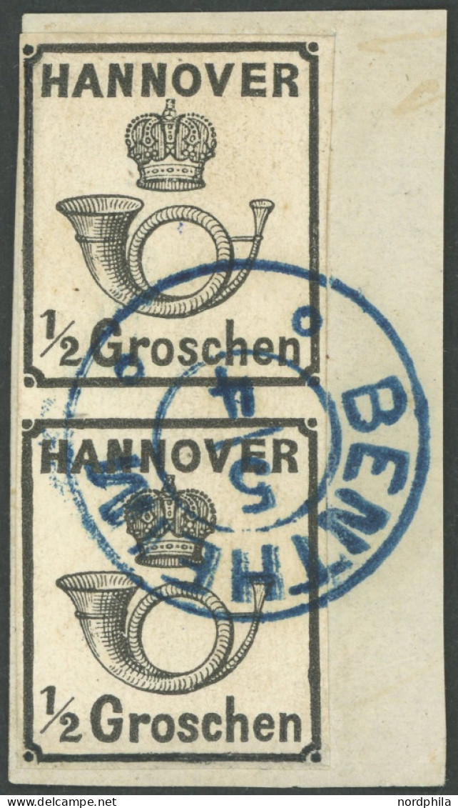 HANNOVER 17y  Paar BrfStk, 1860, 1/2 Gr. Schwarz Im Senkrechten Paar, Blauer K2 BENTHEIM, Repariert Wie Pracht, Fotobefu - Hanover