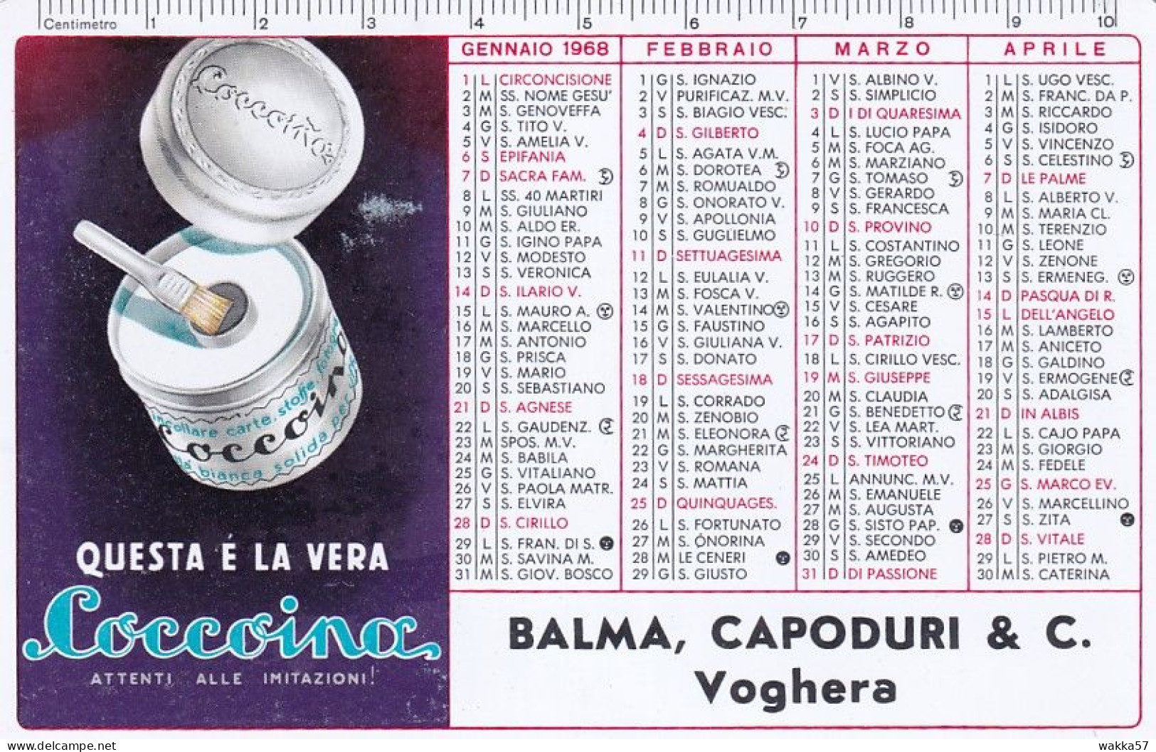 XK 664 Calendarietto Tascabile  Coccoina Balma, Capoduri - Voghera 1968 - Klein Formaat: 1961-70