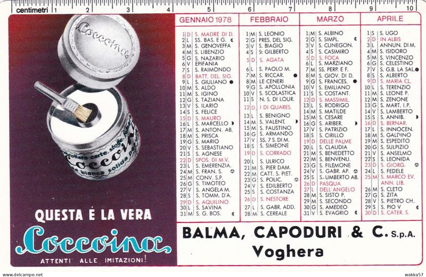 XK 665 Calendarietto Tascabile  Coccoina Balma, Capoduri - Voghera 1978 - Kleinformat : 1971-80