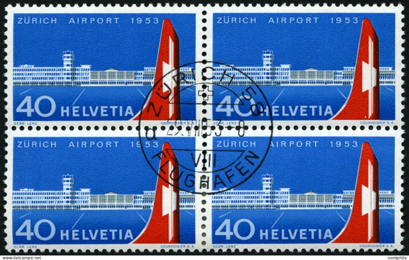 SCHWEIZ BUNDESPOST 585  VB O, 1953, Flughafen Zürich-Kloten Im Viererblock Mit Zentrischem Ersttagsstempel, Pracht - Usati