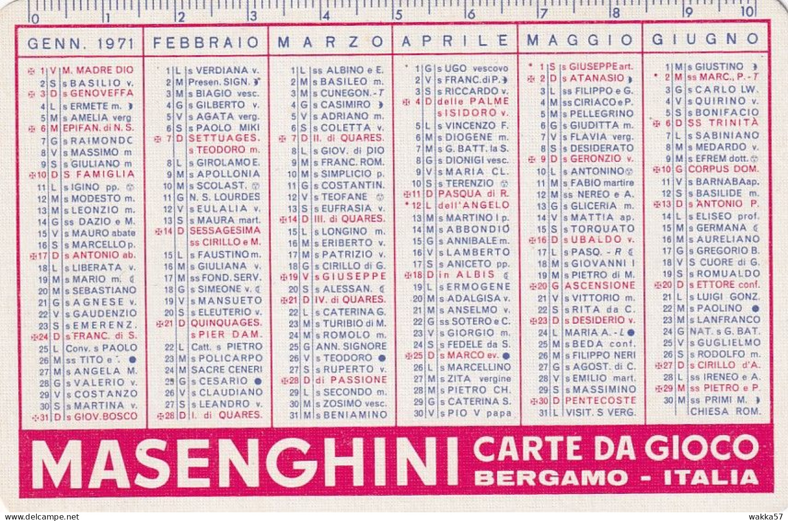 XK 666 Calendarietto Tascabile Carte Da Gioco Masenghini Bergamo 1971 - Petit Format : 1971-80