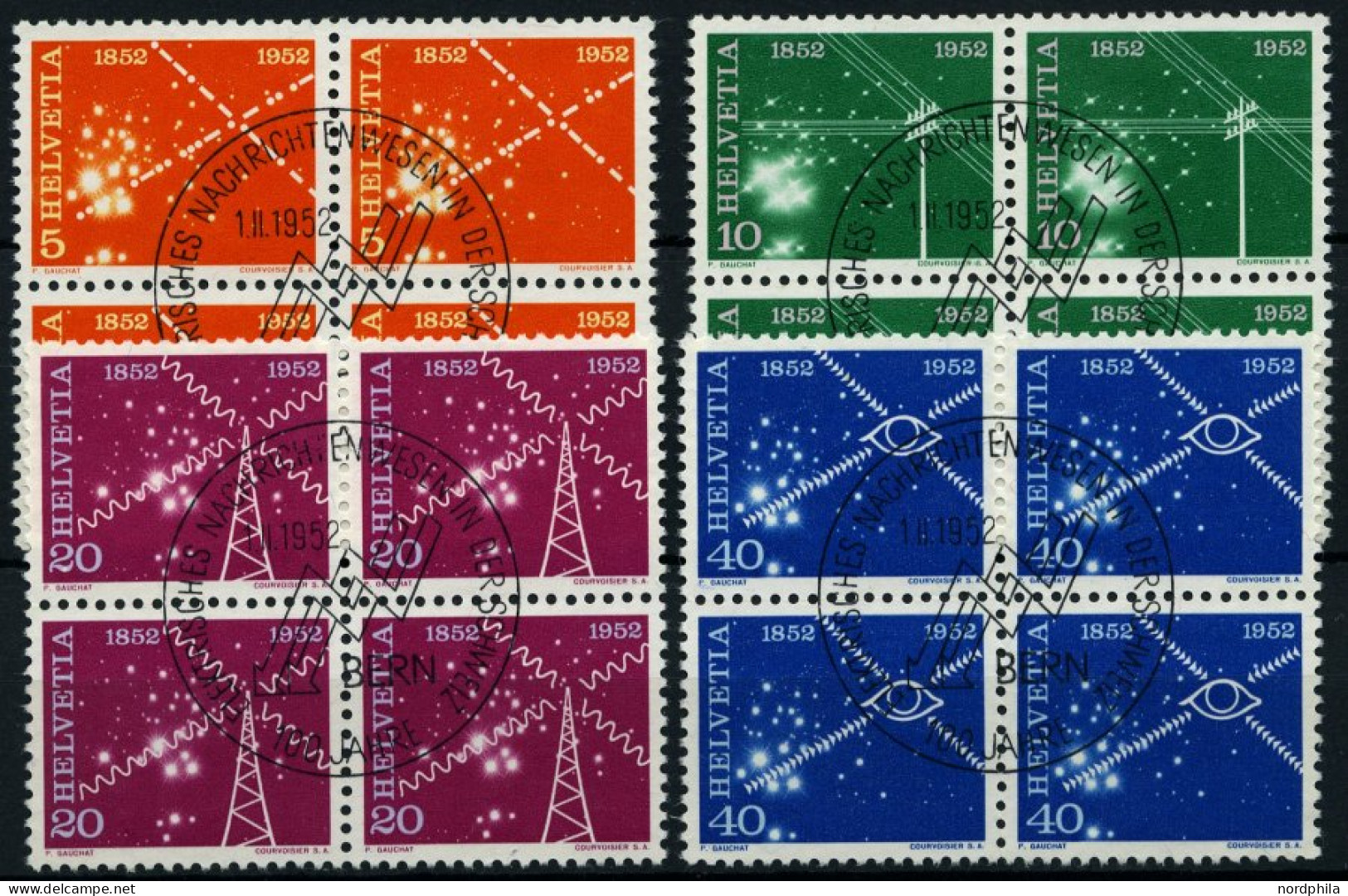 SCHWEIZ BUNDESPOST 566-69  VB O, 1952, 100 Jahre Elektrisches Nachrichtenwesen In Viererblocks Mit Zentrischen Ersttagss - Used Stamps