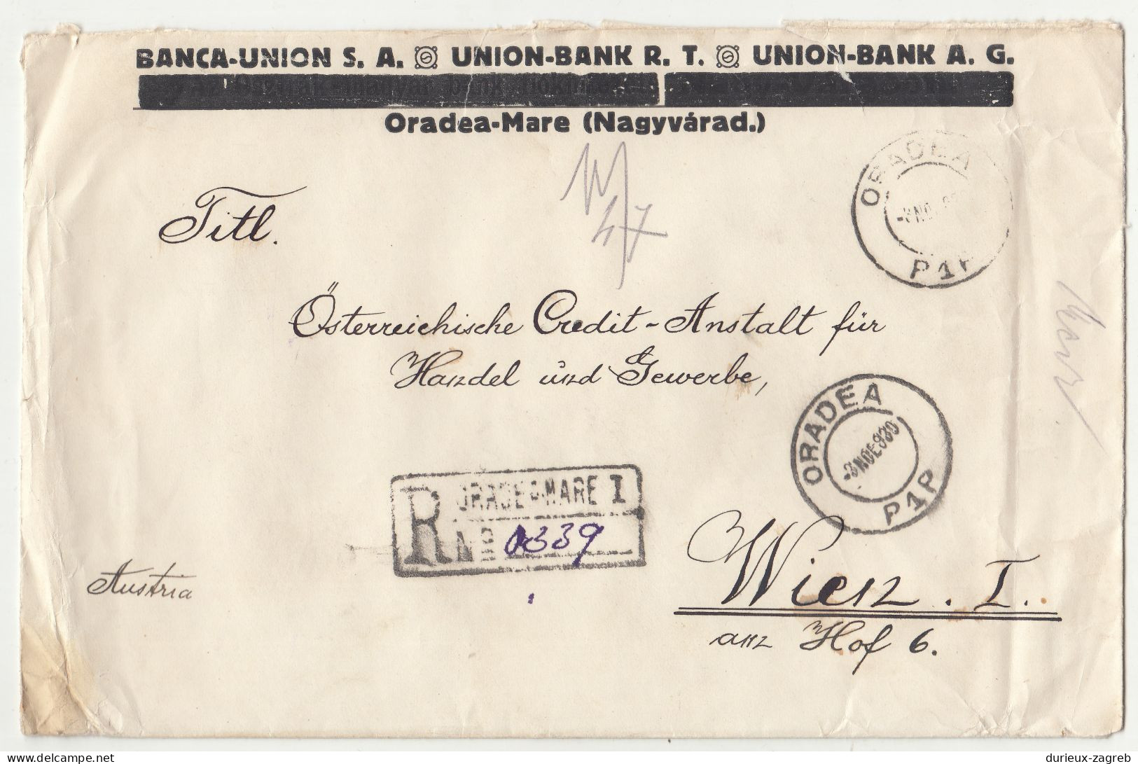Banca-Union S.A., Oradea-Mare Company Large Format Cover Letter Posted Registered 1930 To Wien B240401 - Storia Postale