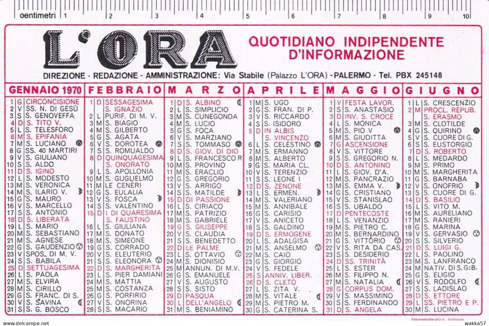 XK 667 Calendarietto Tascabile Giornale L'ORA Palermo 1970 - Formato Piccolo : 1961-70