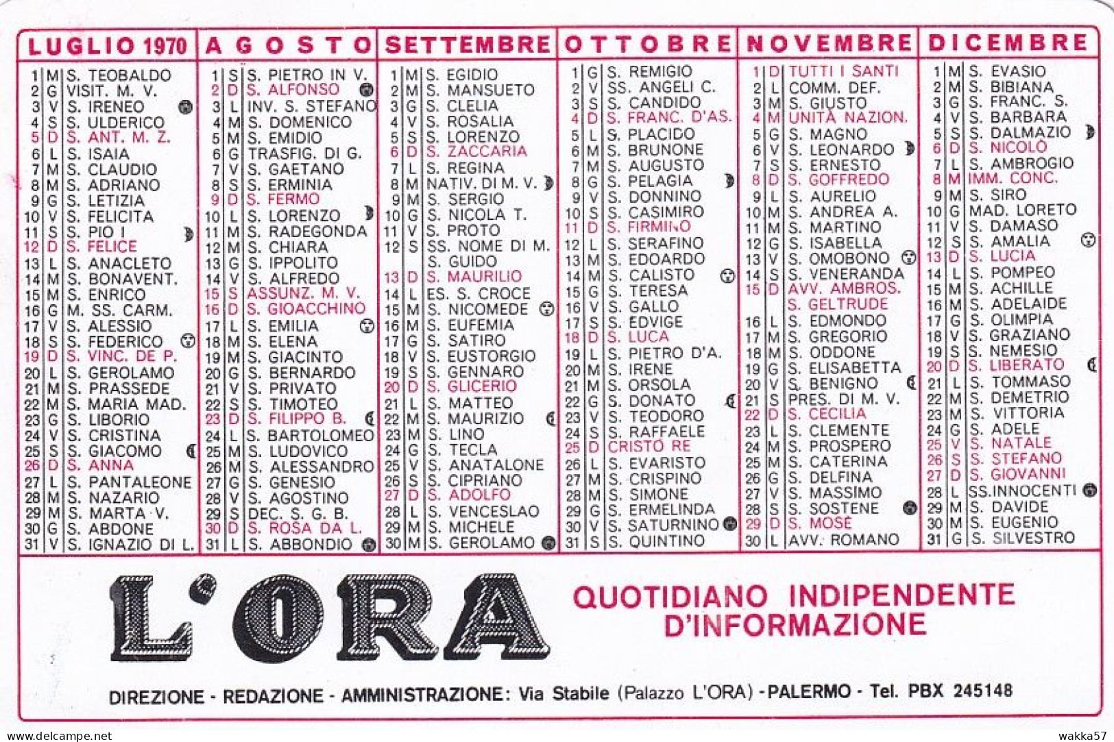 XK 667 Calendarietto Tascabile Giornale L'ORA Palermo 1970 - Petit Format : 1961-70