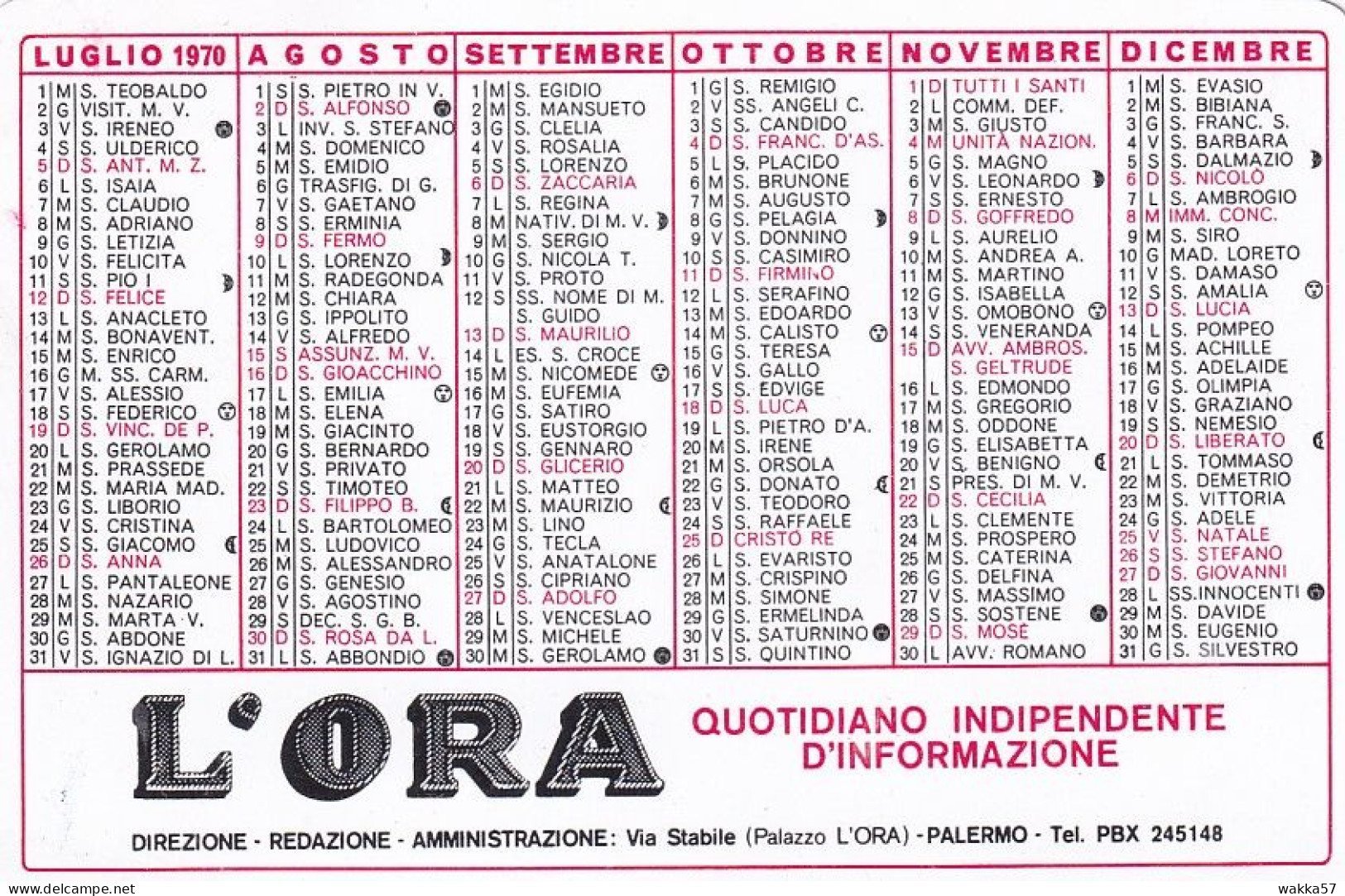 XK 667 Calendarietto Tascabile Giornale L'ORA Palermo 1970 - Formato Piccolo : 1961-70