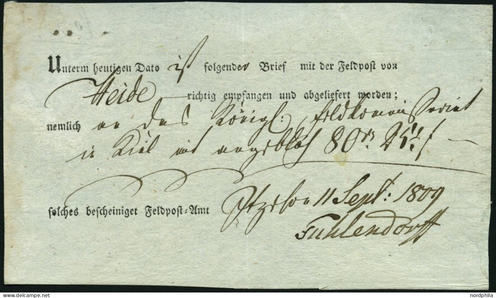 SCHLESWIG-HOLSTEIN 1809, Postschein Vom Feldpostamt Itzehoe (handschriftlich) über Einen Brief Aus Heide, Pracht - Schleswig-Holstein
