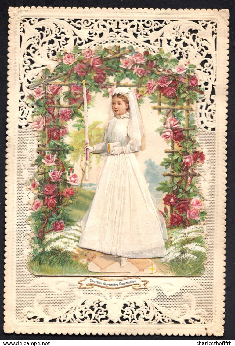 GRANDE CARTE A SYSTEME CANIVET DECOUPIS SOUVENIR DE PREMIERE COMMUNION RELIEF TRES BELLE - FILLE - DENTELLE - Otros & Sin Clasificación