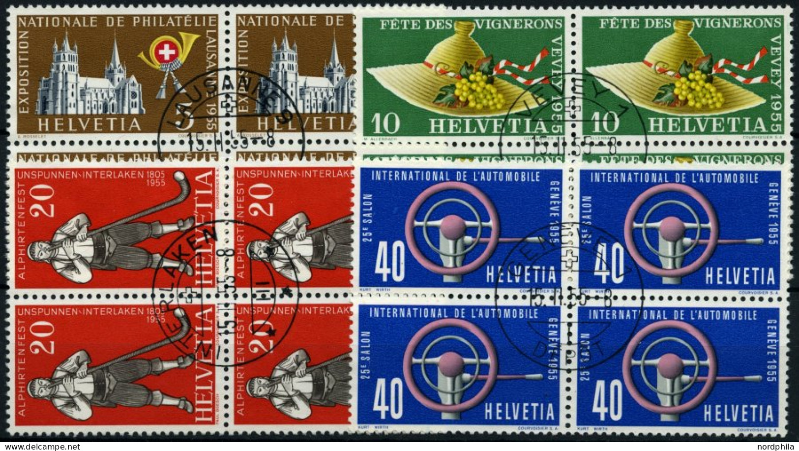 SCHWEIZ BUNDESPOST 607-10  VB O, 1955, Jahresereignisse In Viererblocks Mit Zentrischen Ersttagsstempeln, Prachtsatz - Oblitérés