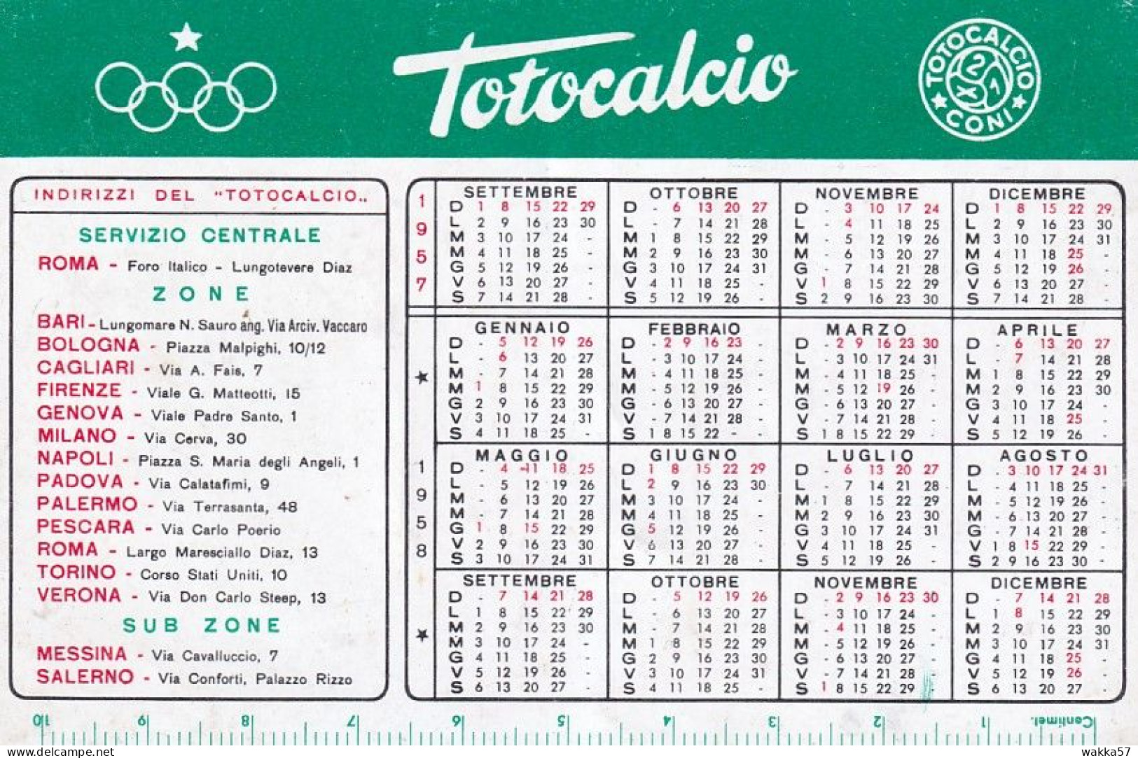 XK 668 Calendarietto Tascabile 1957 Totocalcio - Formato Piccolo : 1941-60