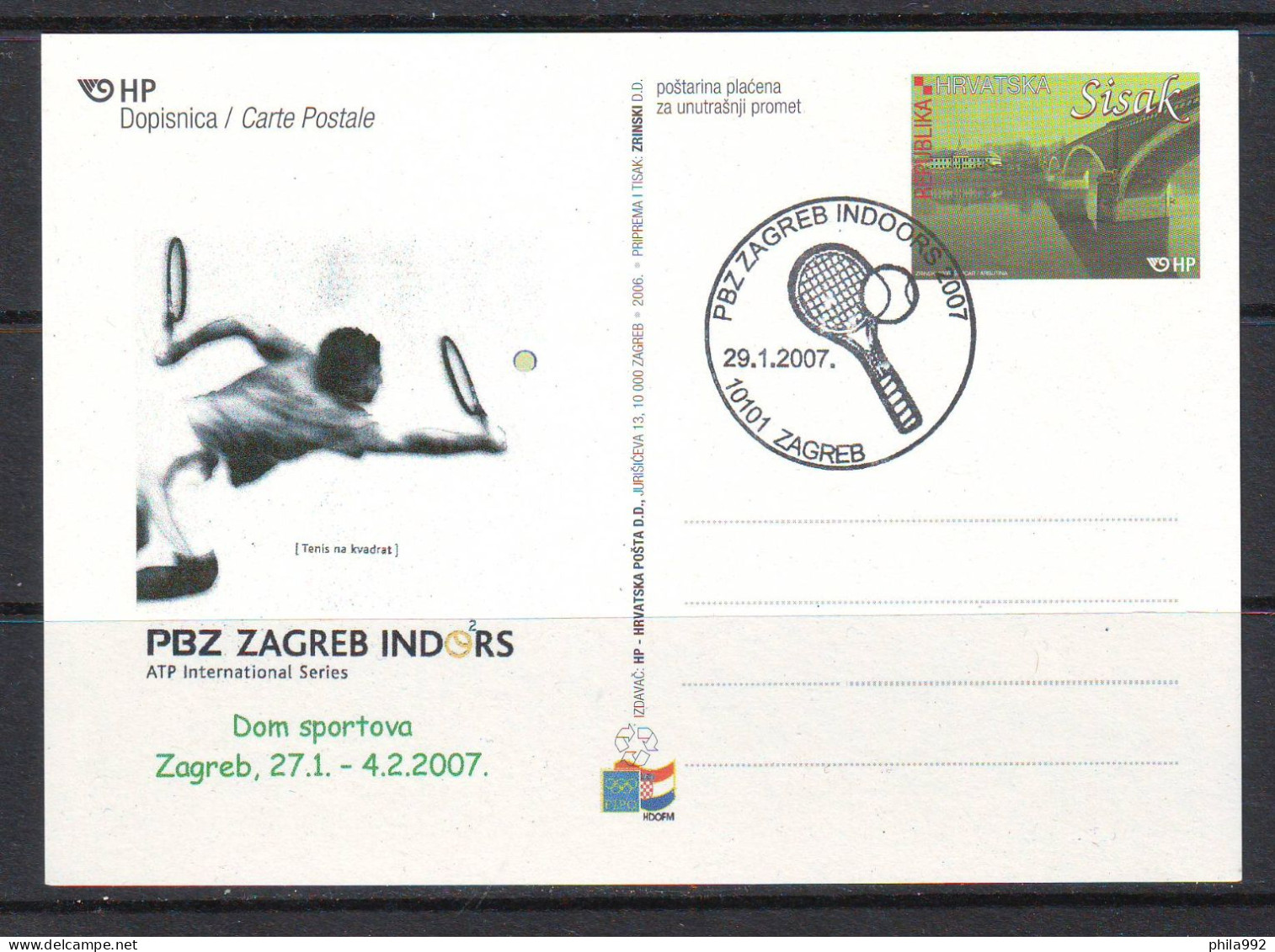 Croatia 2007 SPORT TENNIS PBZ ZAGREB INDORS Postcard Overprint Postmark 29.01. 10101 Zagreb - Kroatien