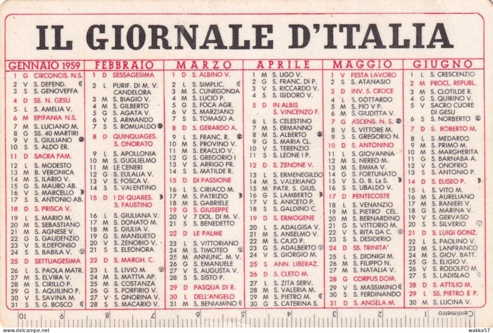 XK 669 Calendarietto Tascabile 1959 Il Giornale D'Italia - Klein Formaat: 1941-60