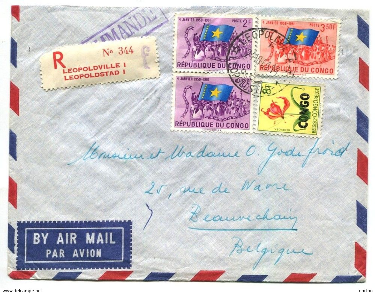 Congo Léopoldville 1 Lettre Recom. Type 2Ad/R-O/M (bilingue) Vers Beauvechain Le 24/10/1961 - Covers & Documents