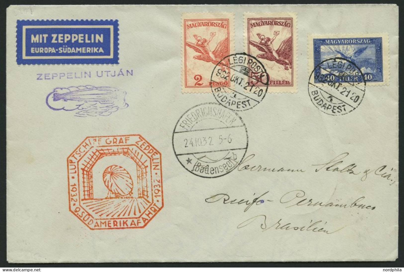 ZULEITUNGSPOST 195 BRIEF, Ungarn: 1932, 9. Südamerikafahrt, Prachtbrief - Zeppelins