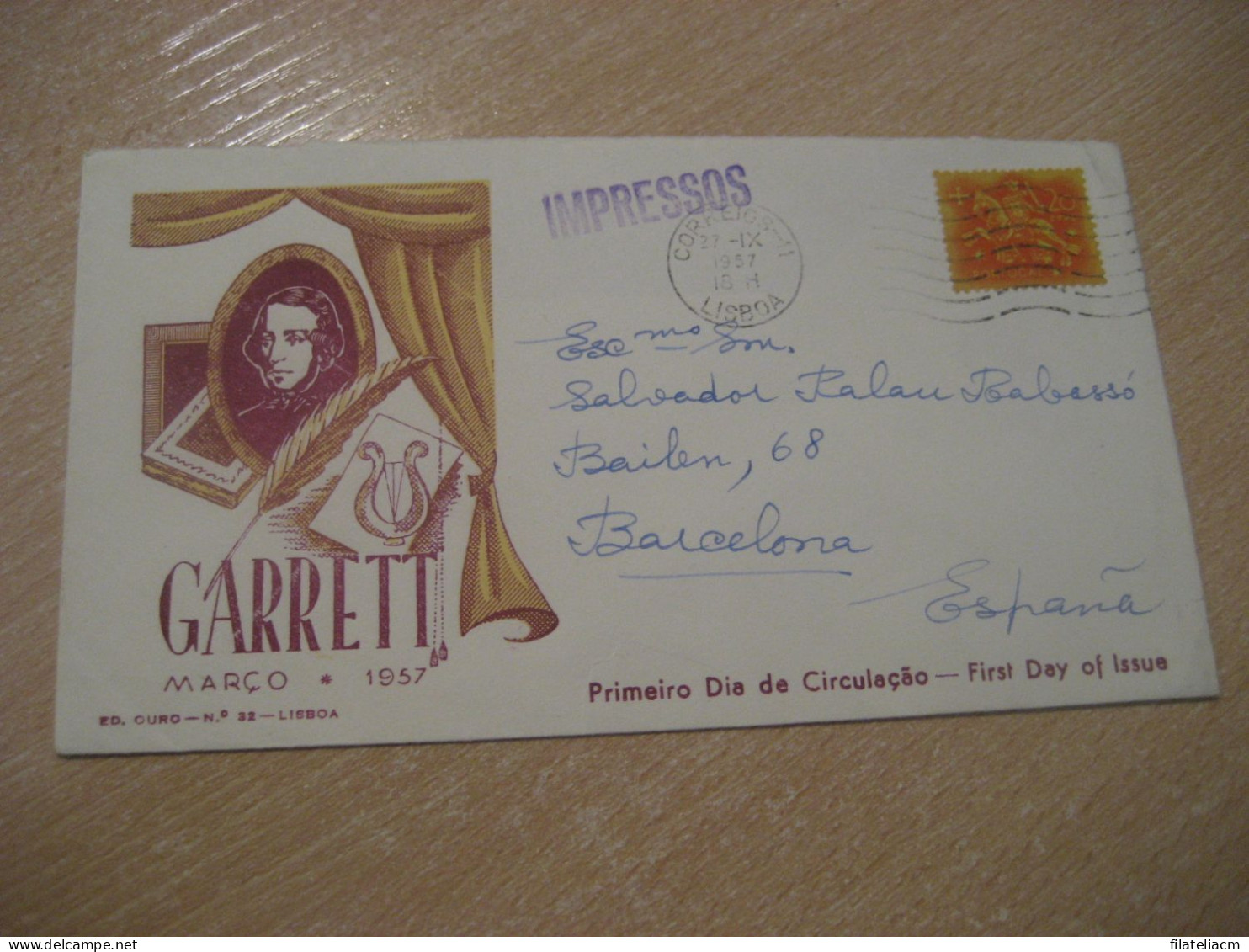 LISBOA 1957 To Barcelona Spain Cancel Garret Literature Mason Masonry Cover PORTUGAL - Covers & Documents