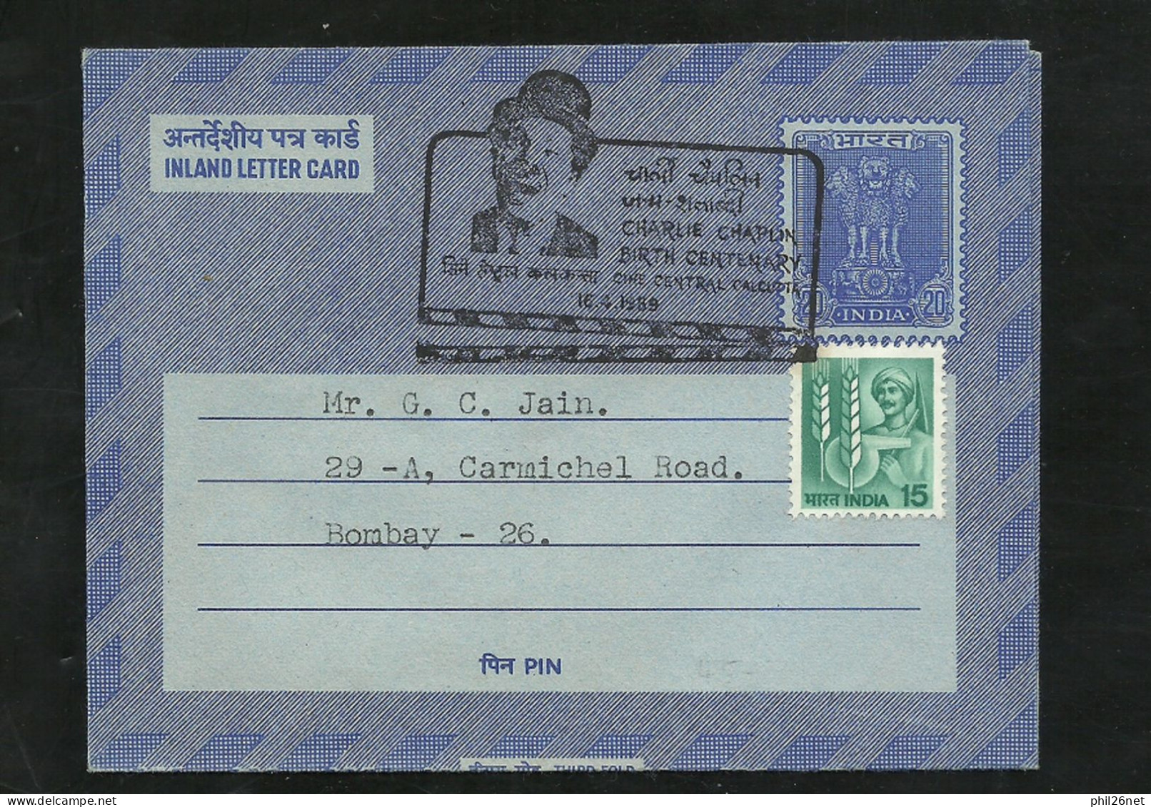 Rare Inde Carte Lettre Intérieure Calcutta Le 16/04/1989 Flamme Llustrée Centenaire Naissance Charlie Chaplin TB ... ! ! - Cinéma